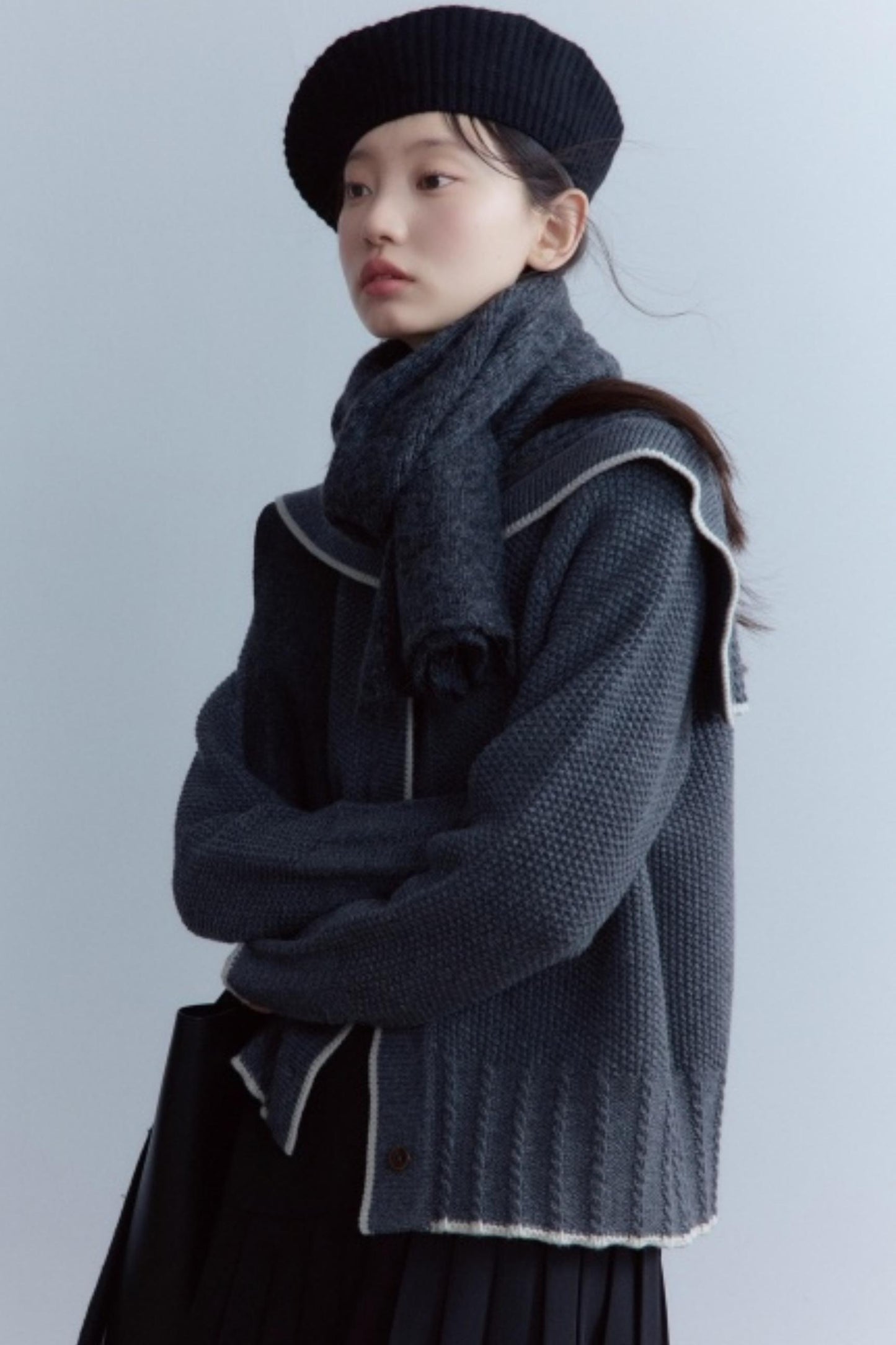 Navy Collar Twisted Rope Woolen Cardigan