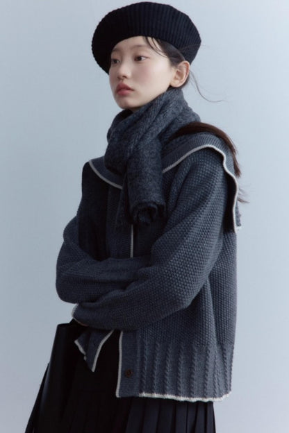 Navy Collar Twisted Rope Woolen Cardigan