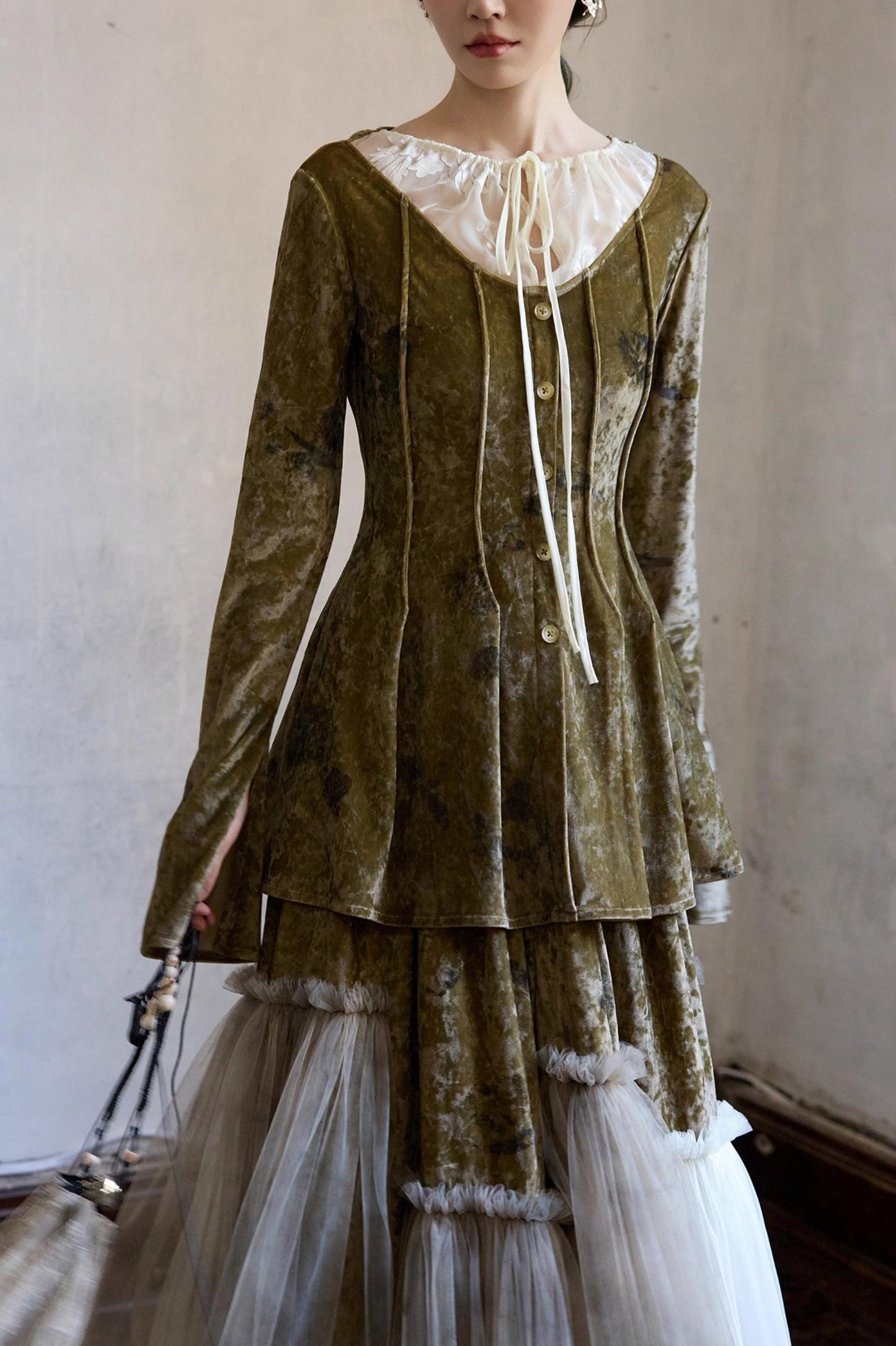 French Velvet Long Sleeve Lace-up Top