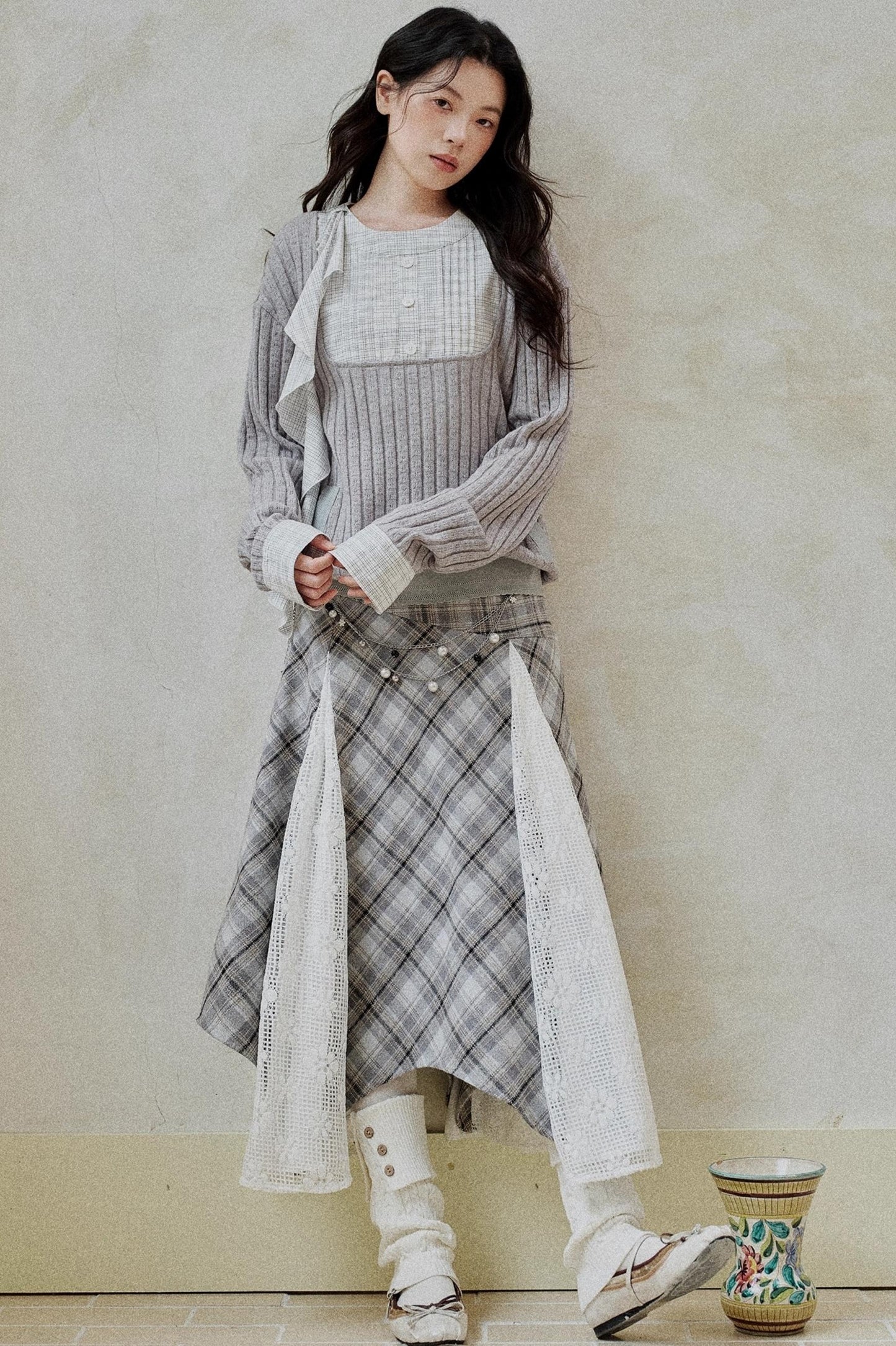 Gray-Brown Two-Tone Plaid Irregular Skirt