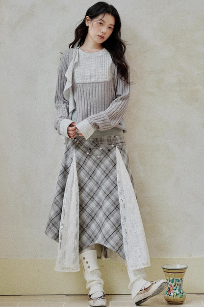 Gray-Brown Two-Tone Plaid Irregular Skirt