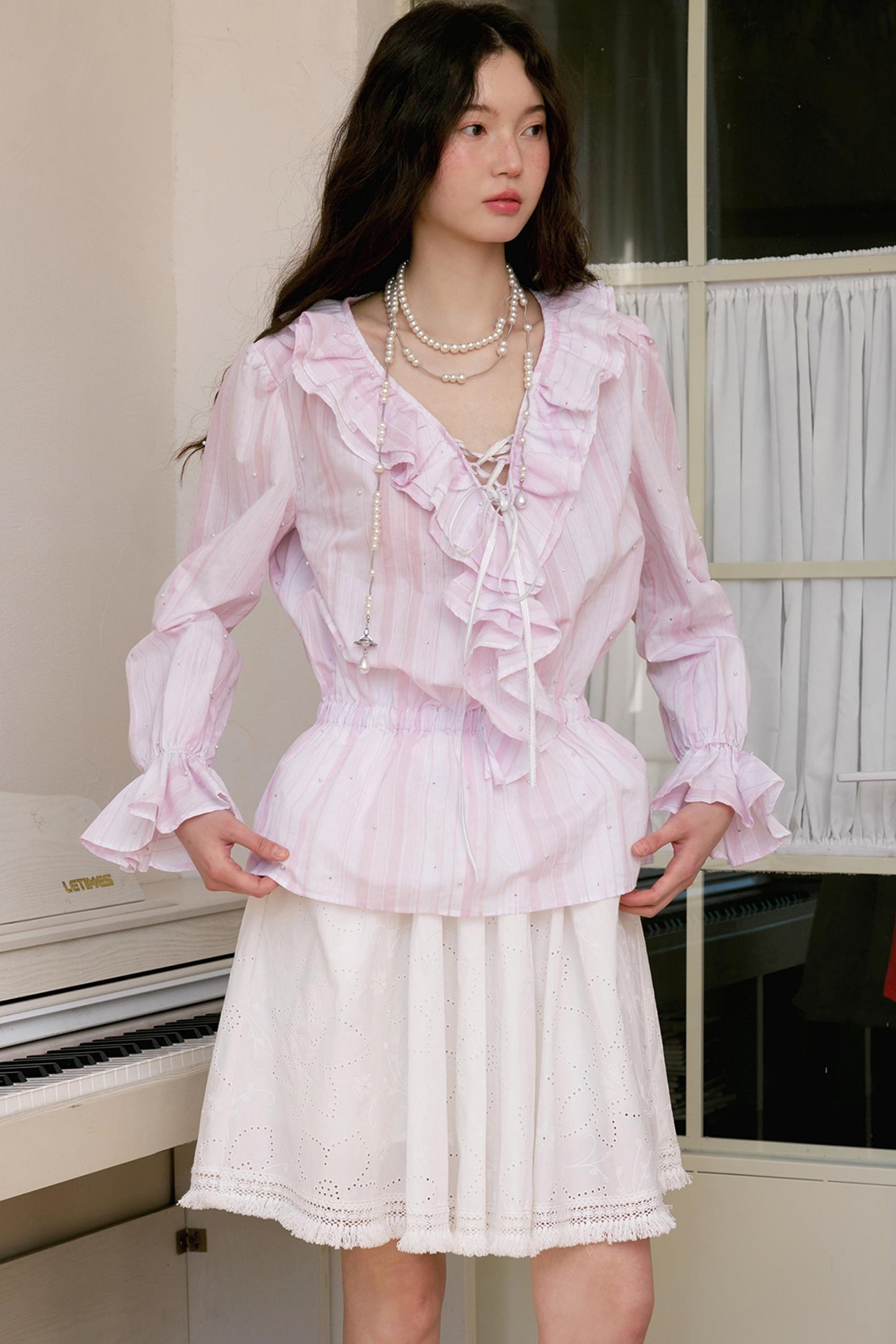 Pink Ruffle V-Neck Shirt