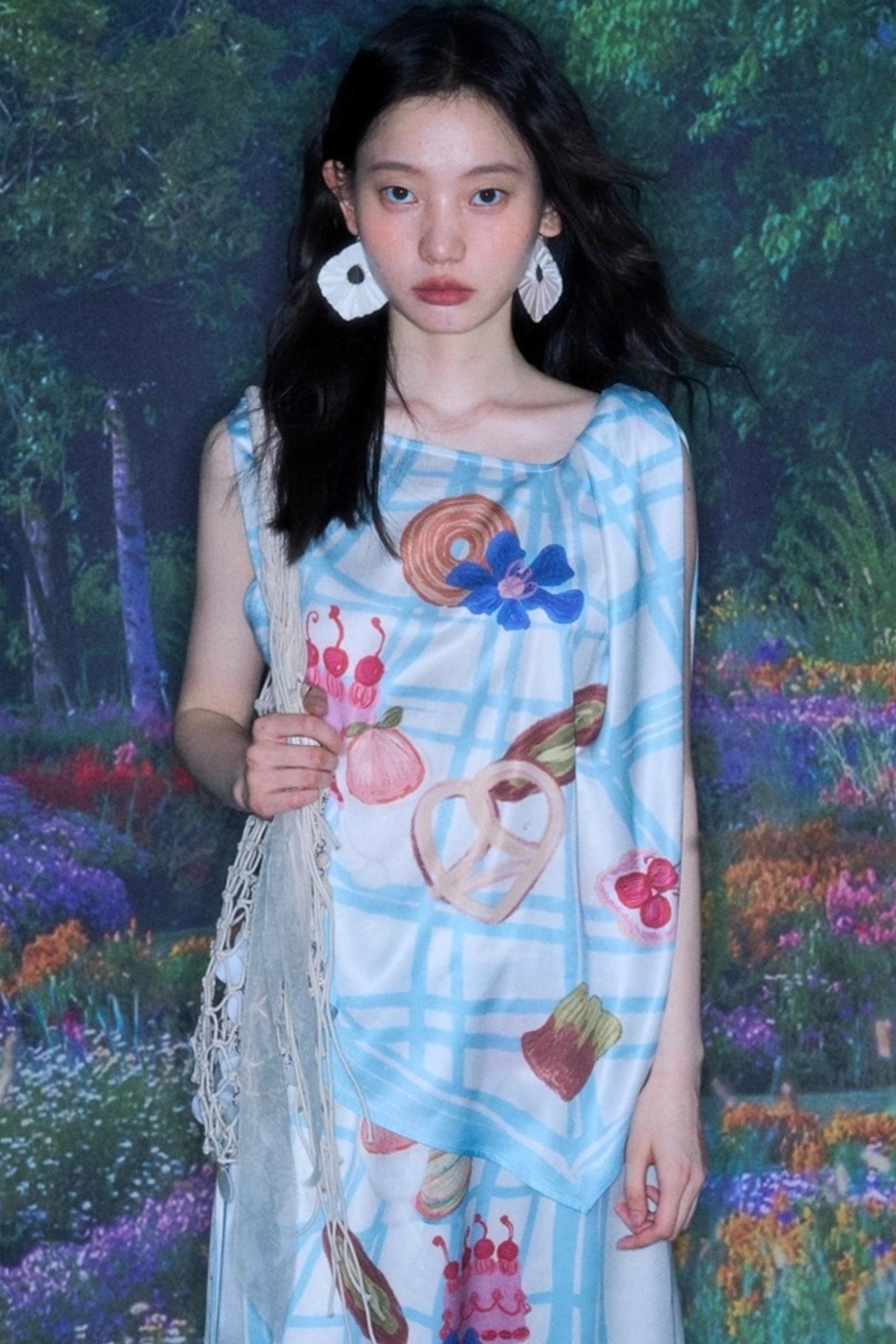 Bread Print Plaid Satin Slip Dress Set-Up