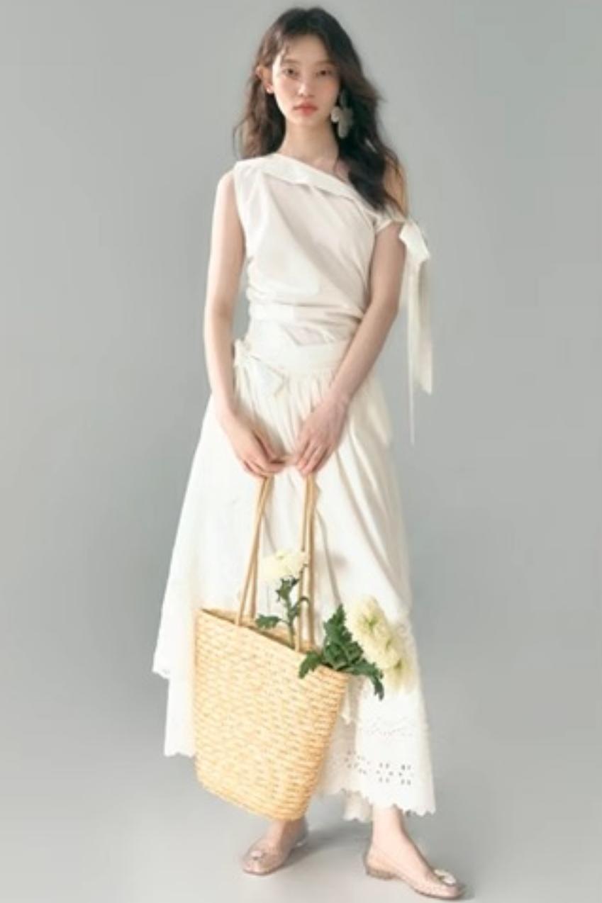 Slant Shoulder Tencel Cotton Dress