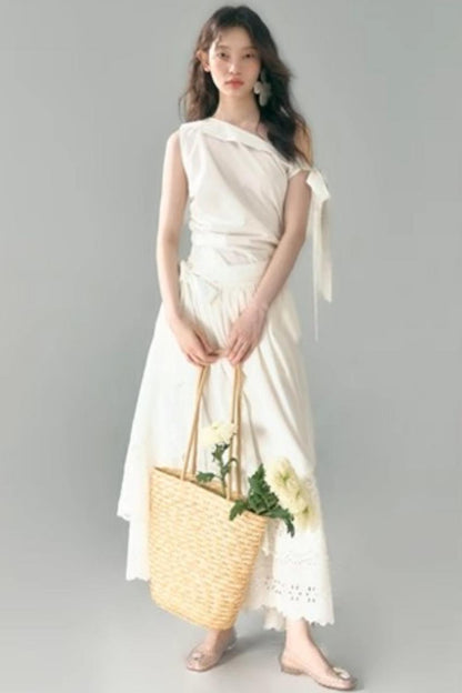 Slant Shoulder Tencel Cotton Dress