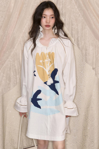 Tulip Bird Print Wood Ear Collar Long Top