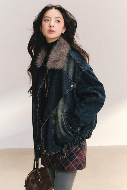 Large Fur Collar Denim Jacket