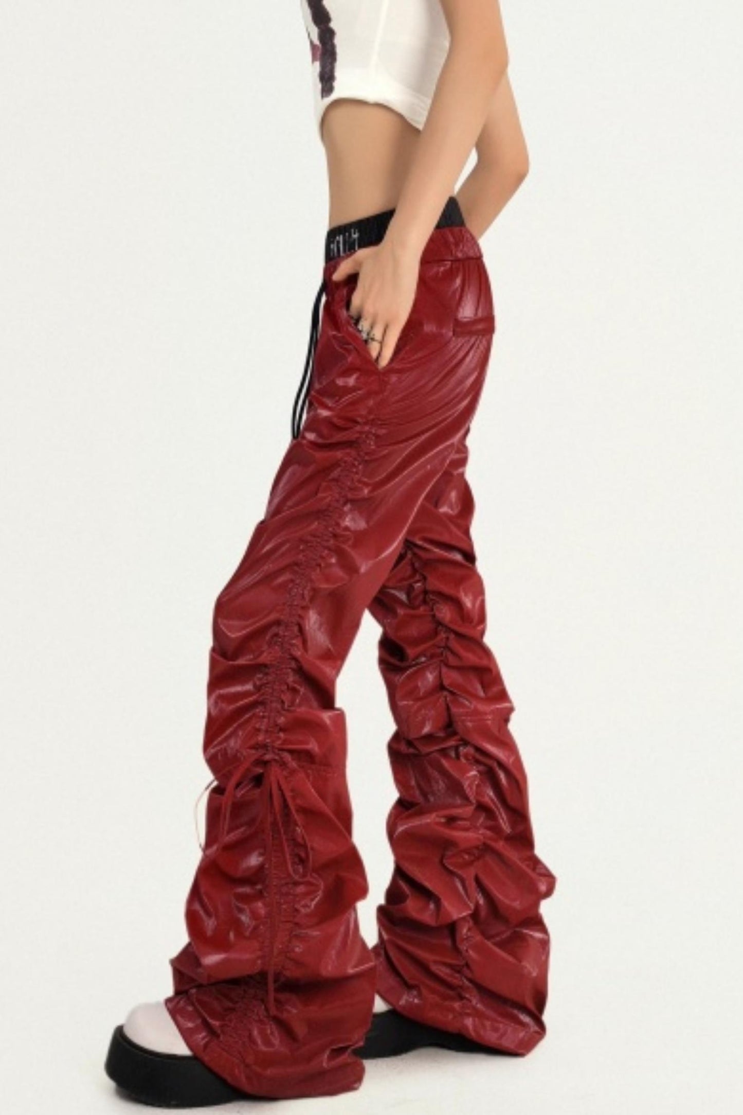 Red Pleated Leather Pants