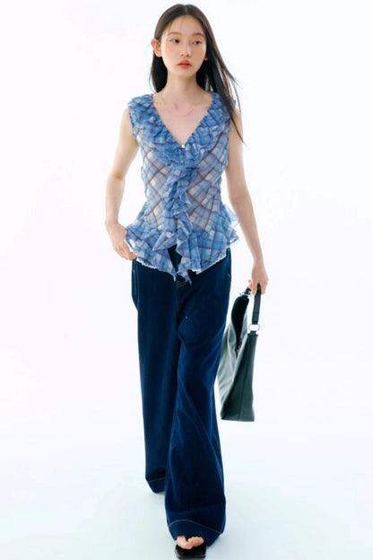 Plaid Ruffle V-Neck Top