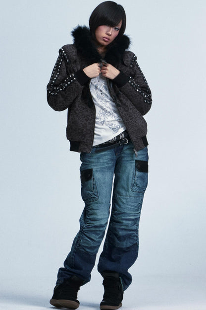 Leopard Print Plush Hooded Jacket Set-Up