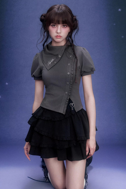 Gray Diagonal Placket Blouse