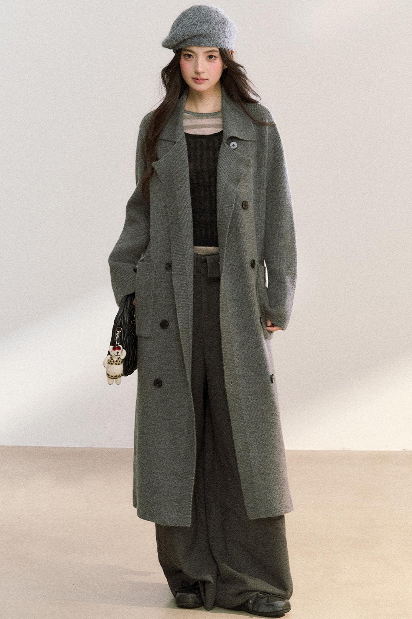 Lapel Double-Breasted Knit Coat