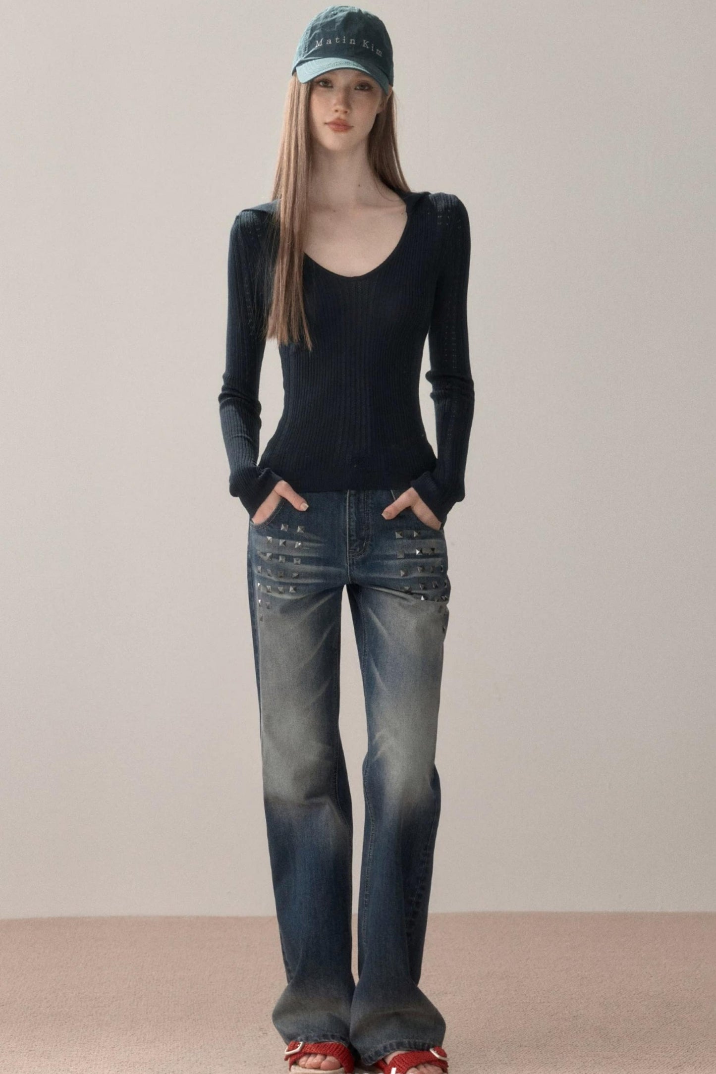 Retro Studded Rhinestone Jeans
