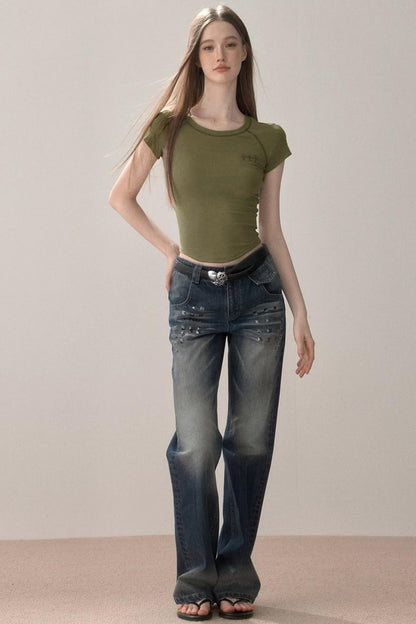 Retro Studded Rhinestone Jeans