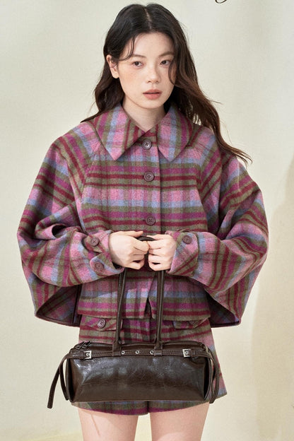 Pink-Purple Wool Plaid Cape Set-Up
