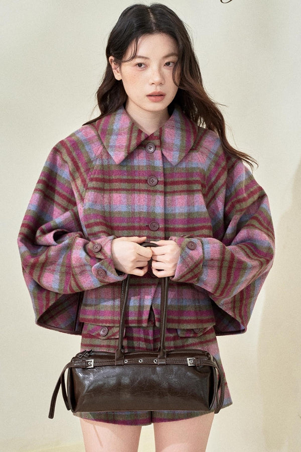Pink-Purple Wool Plaid Cape Set-Up