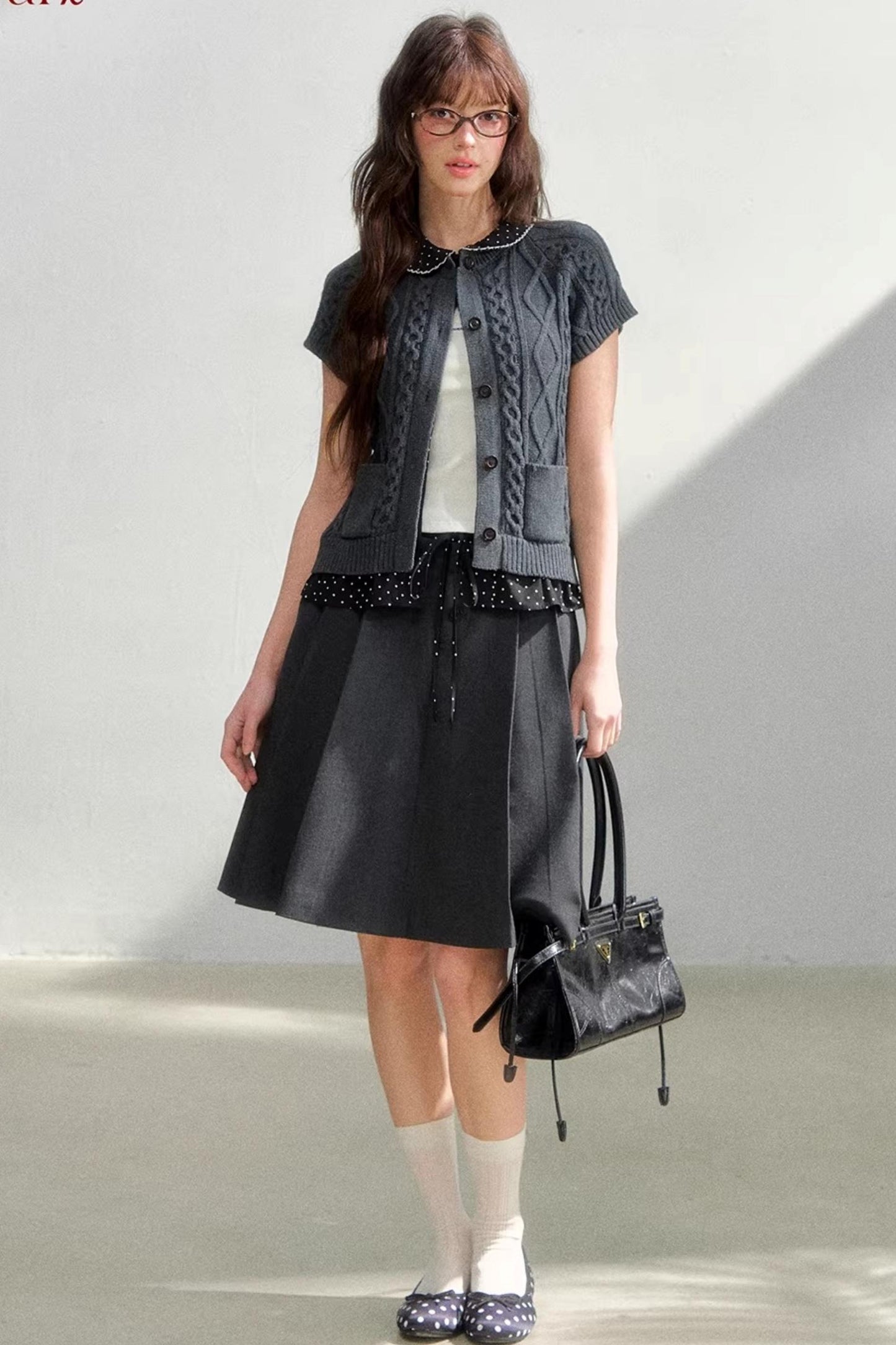 Polka Dot Gray Pleated Skirt