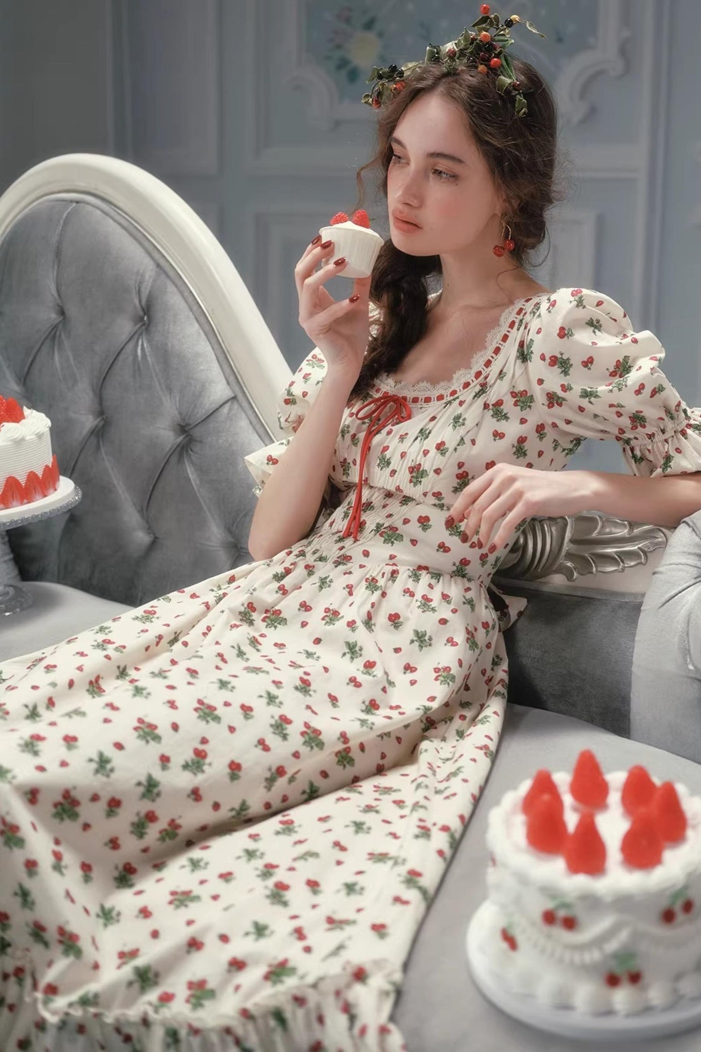 French Pastoral Style Strawberry Floral Dress