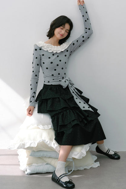 Slanted Polka Dot Long-Sleeved T-Shirt