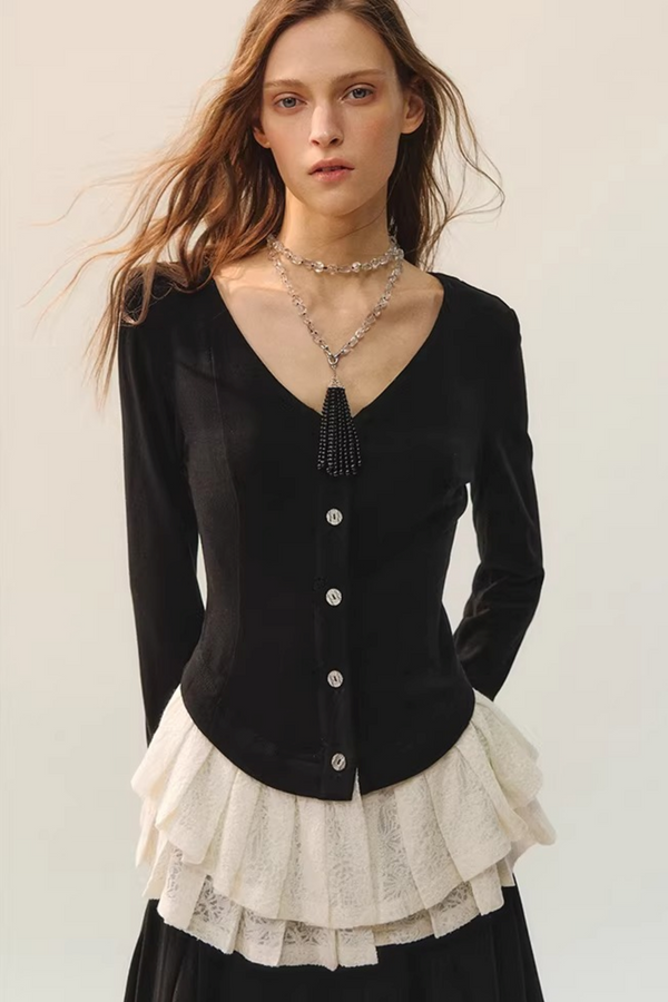 Wool Lace Patchwork Top Skirt Set-Up
