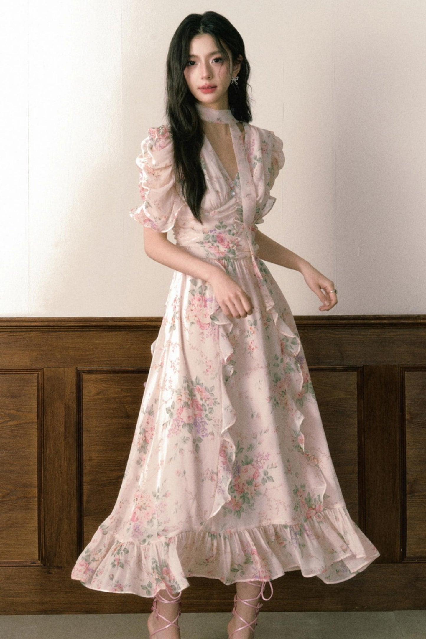 Pink Chiffon V-Neck Summer Dress