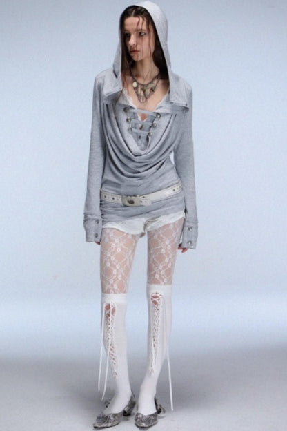 Hooded Metal Buckle Knit Top