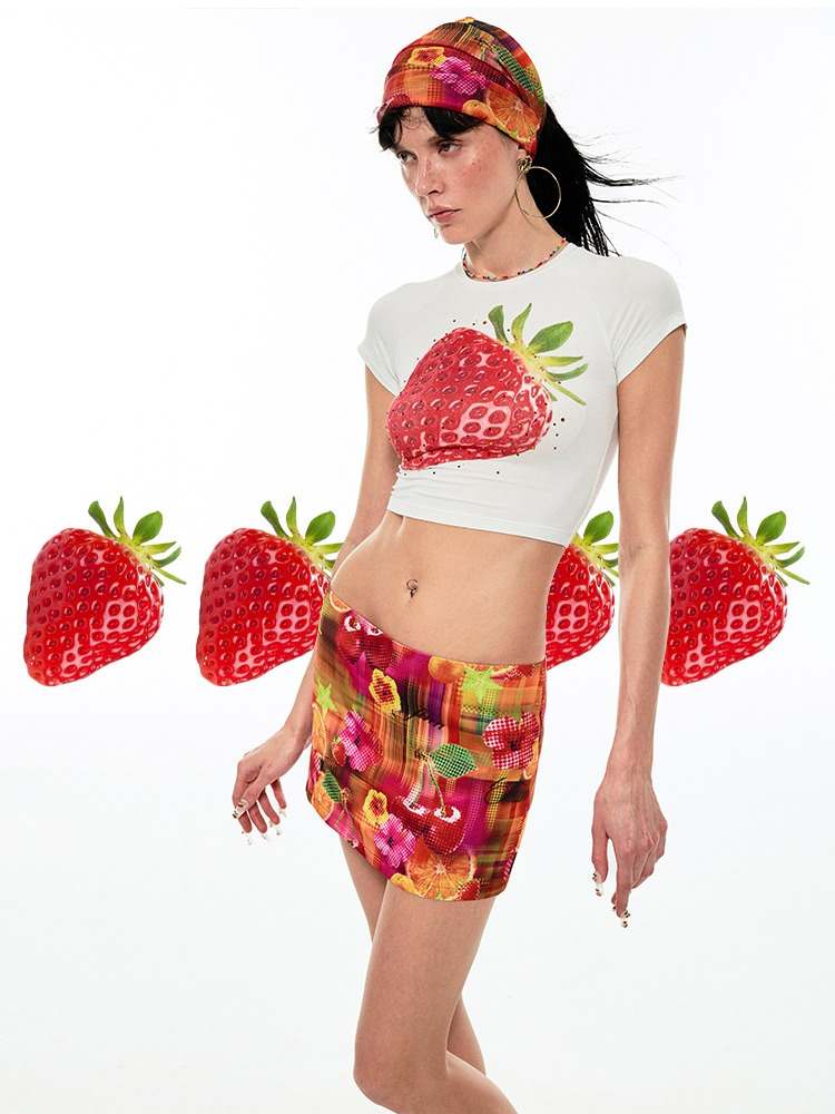 Summer Fruit Printed Tight Fit Short T-Shirt