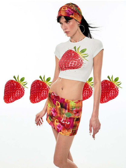 Summer Fruit Printed Tight Fit Short T-Shirt