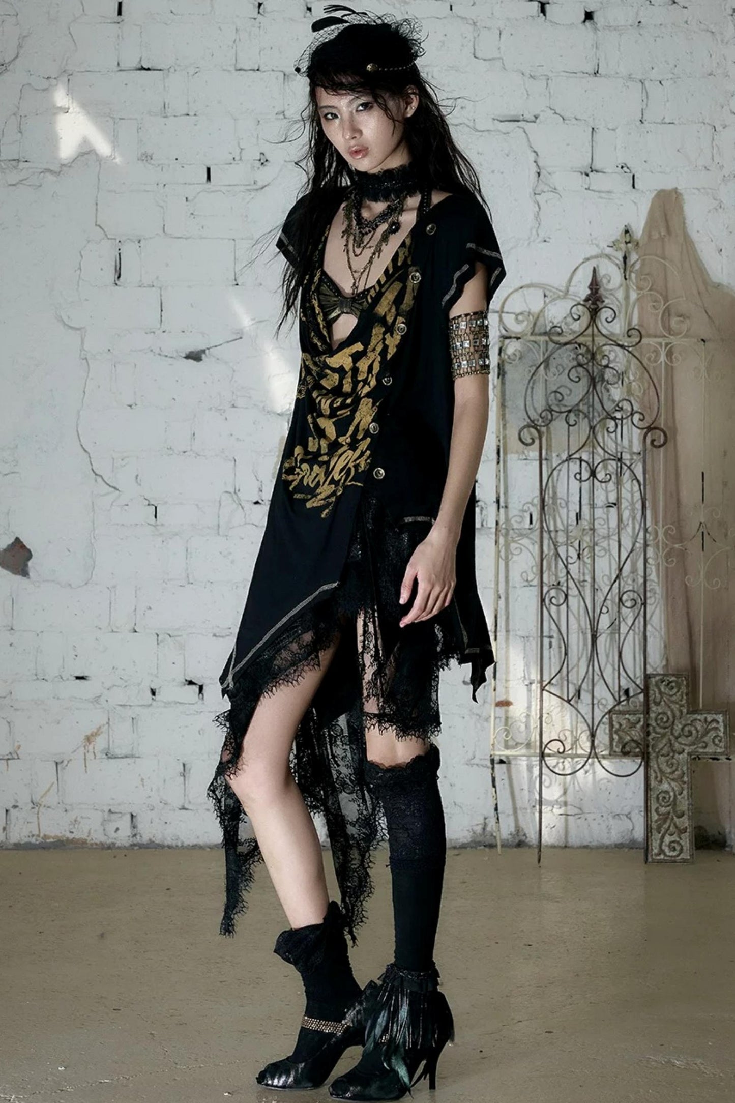 Punk Asymmetrical Neckline T-Shirt Set-Up