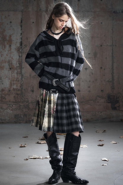 Leather Waist Plaid Pleated Skirt