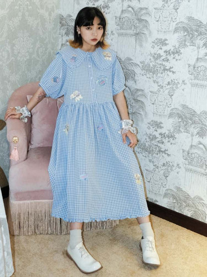 Sheep Embroidery Plaid Frill Dress