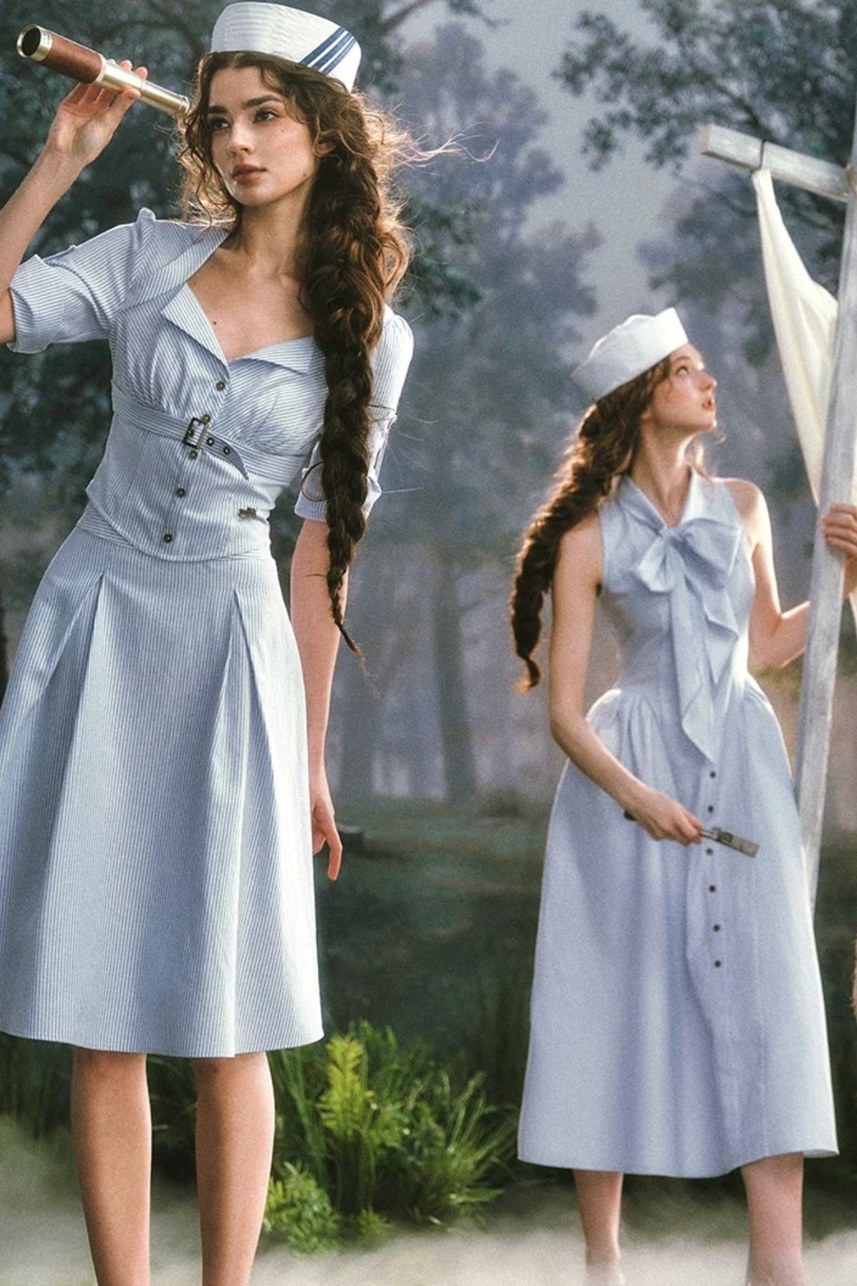 French Old Money Blue Shirt Skirt Set-Up