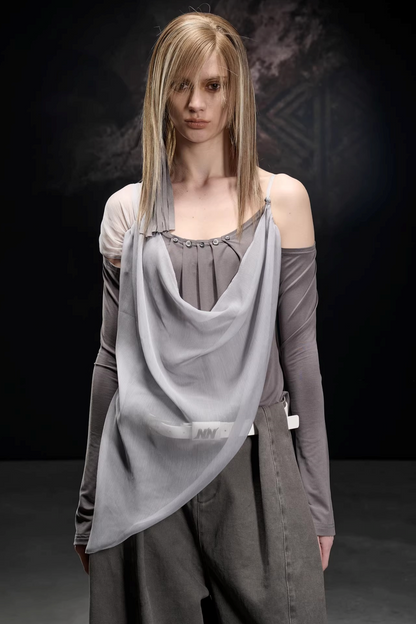 Chiffon-Patchwork-Bluse mit asymmetrischem Schnitt