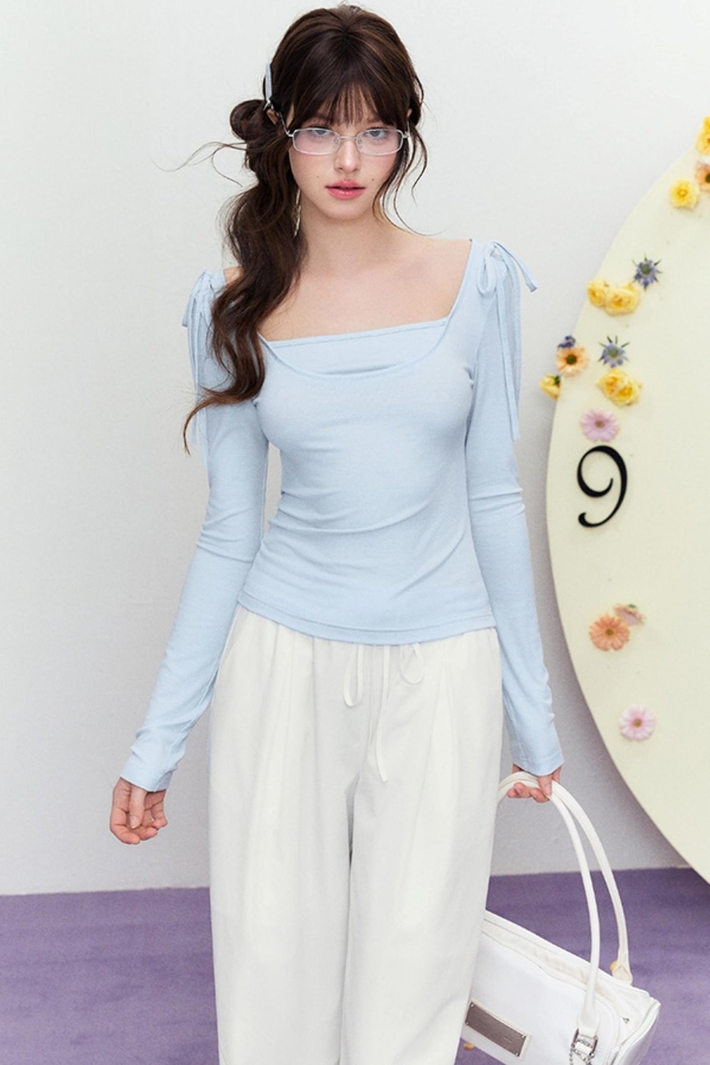 Korean Slim Tie Shoulder Top