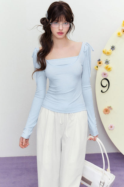 Korean Slim Tie Shoulder Top