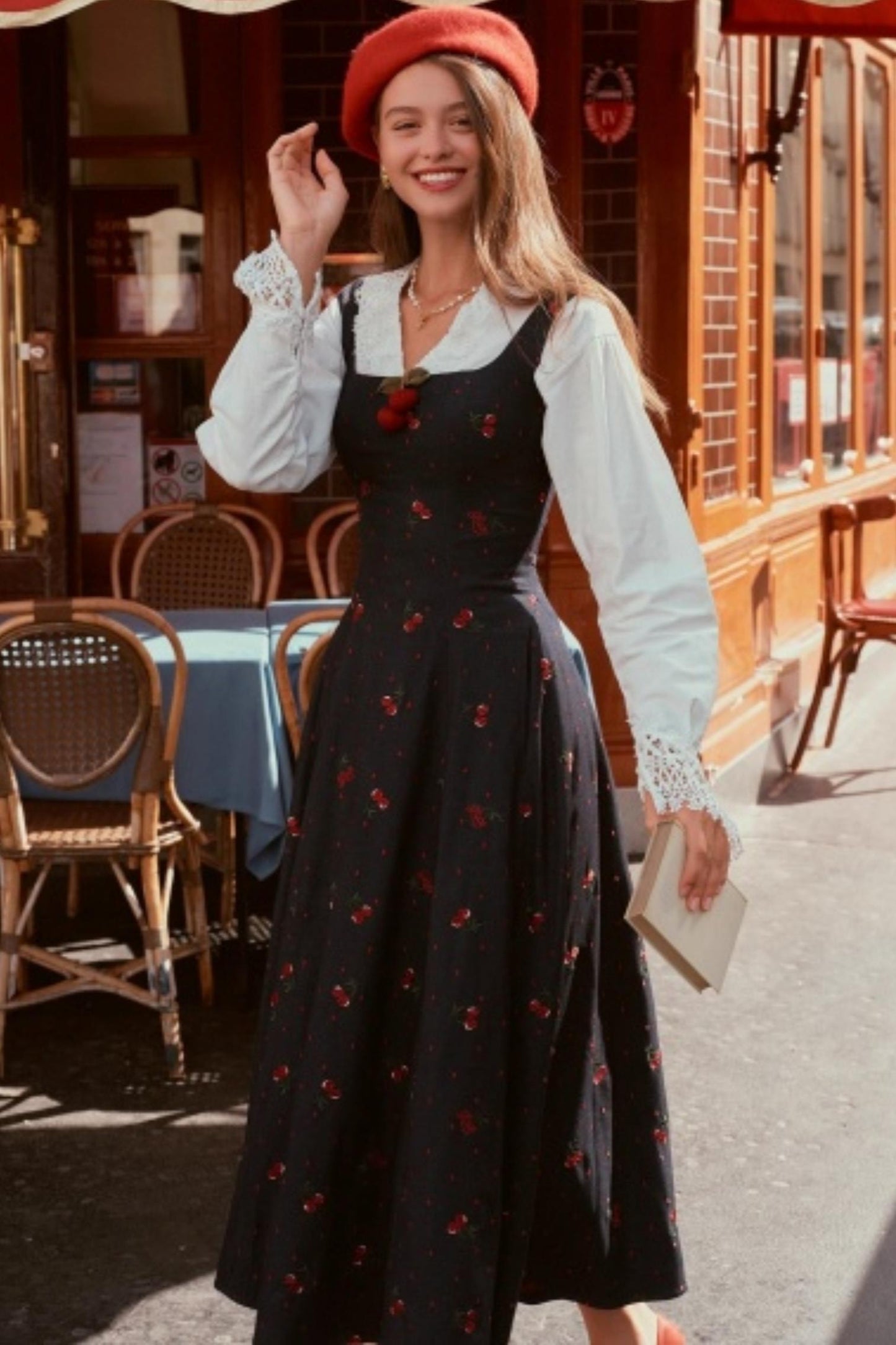 Cherry Lace Embroidered Denim Dress Set-Up