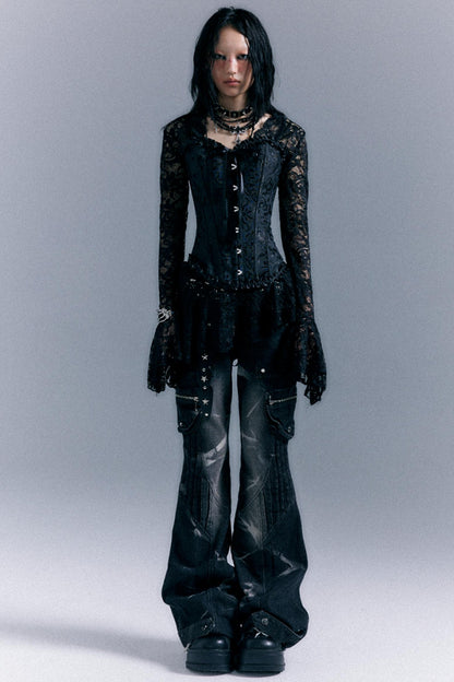 Vintage Studded Denim Flared Pants