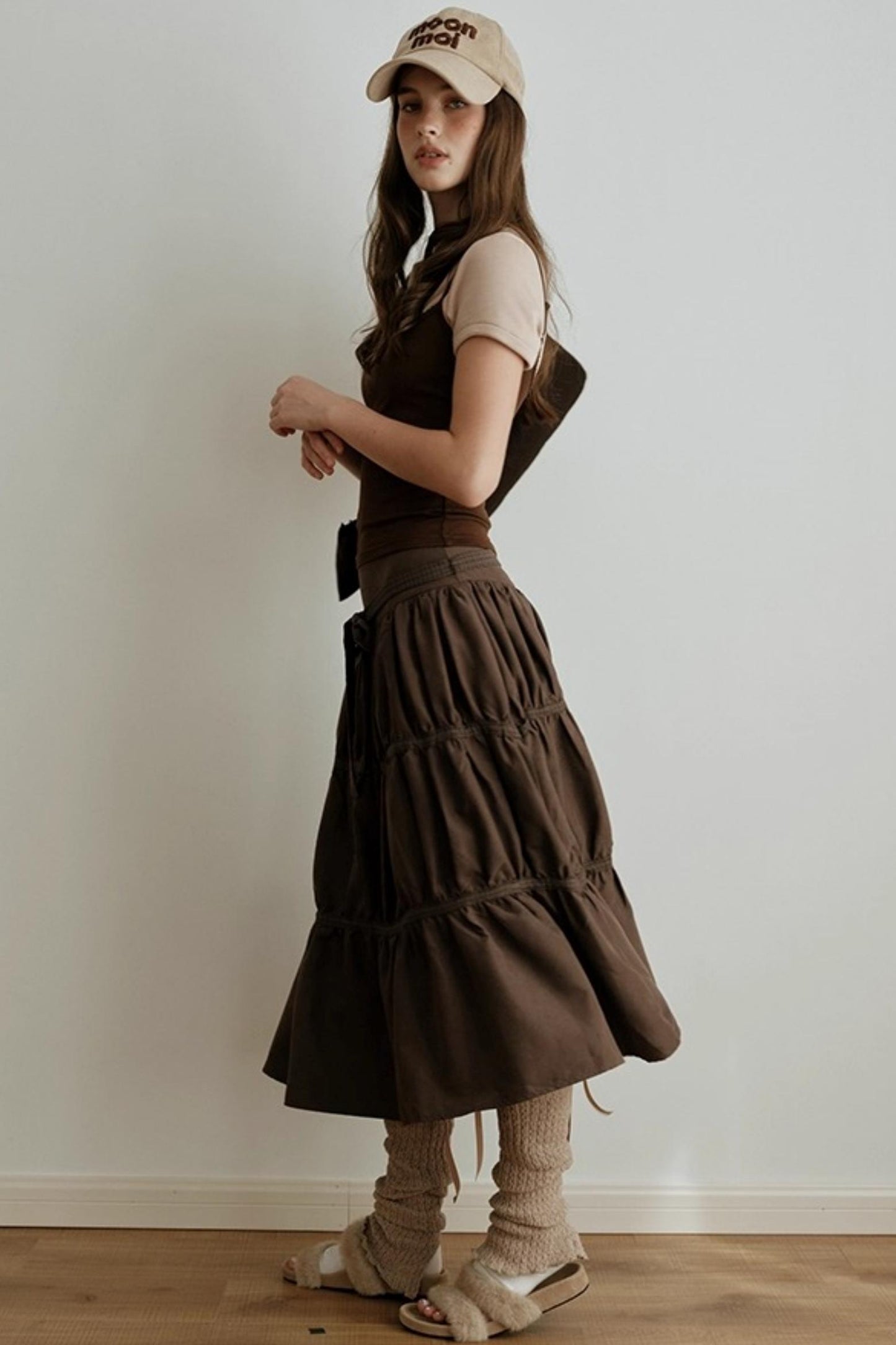 American Retro Suede Spliced Belt Umbrella Skirt