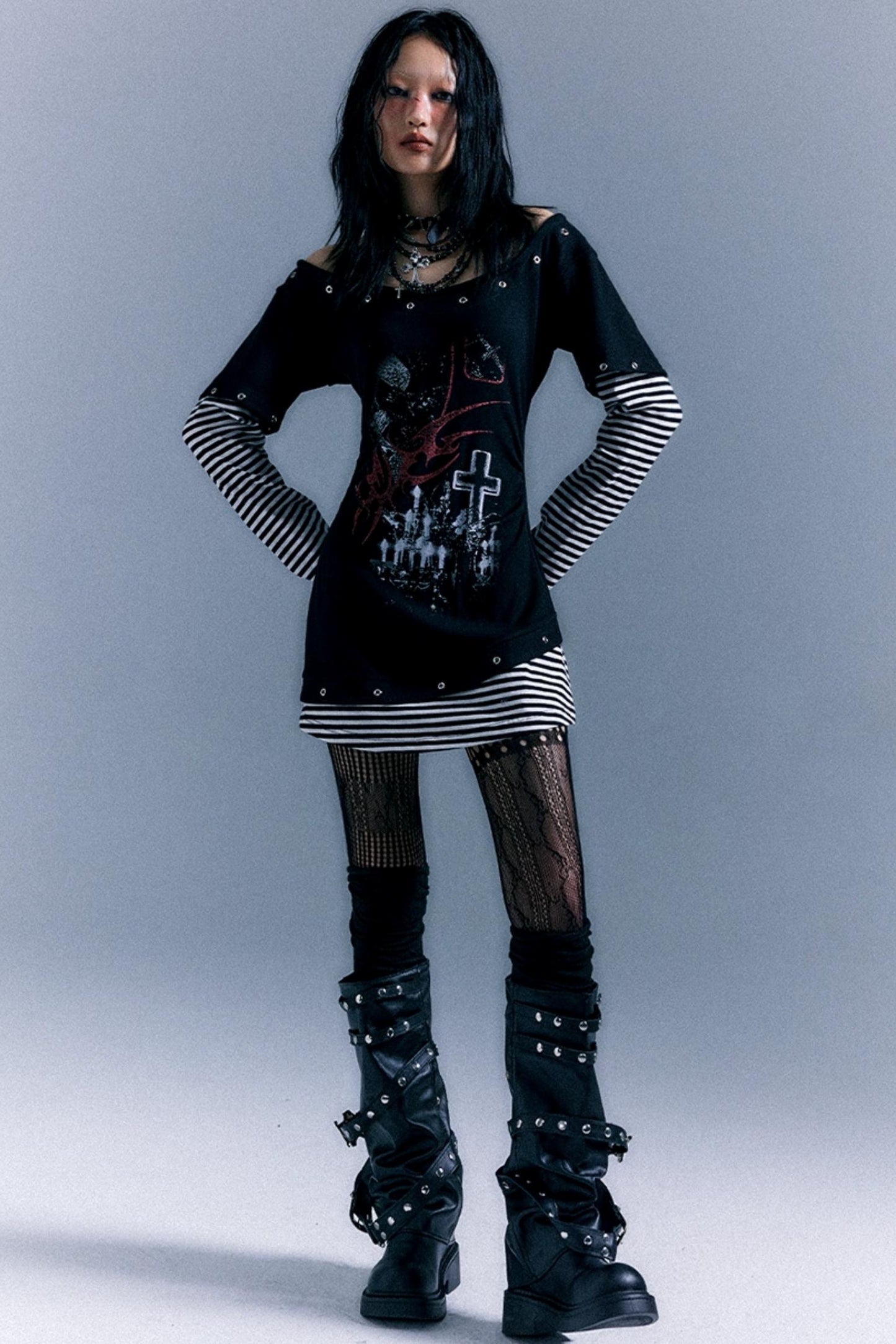 Punk Striped Cinched Waist T-Shirt Dress