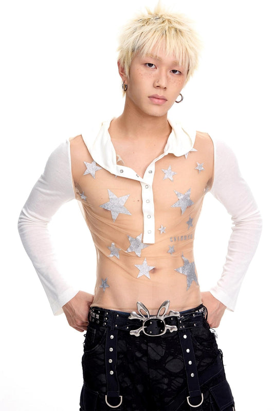 Pentagram Glitter Print Long-Sleeved Top