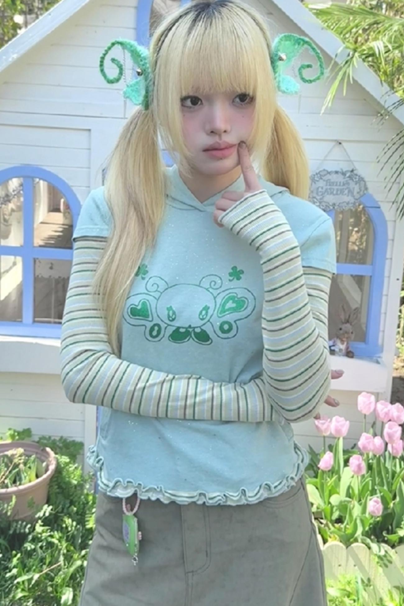 Green Devil Horns Hoodie Top