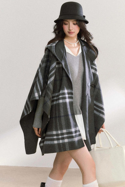 Gray Plaid Reversible Wool Cape Coat