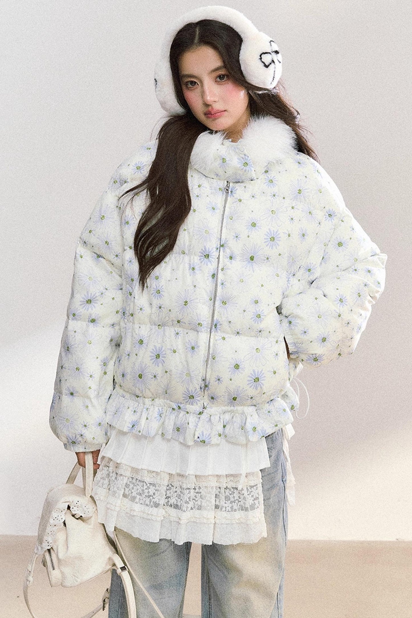 Fur Collar Daisy Print Jacket