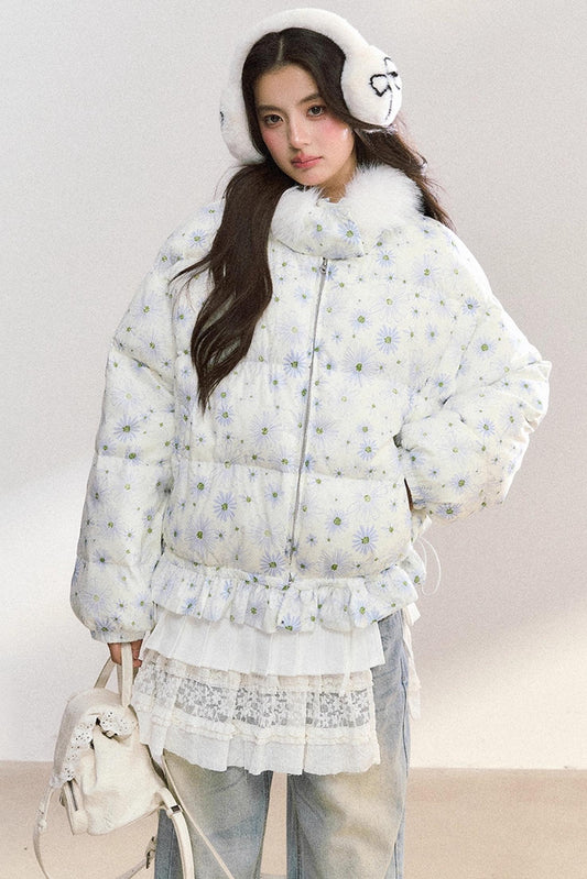 Fur Collar Daisy Print Jacket