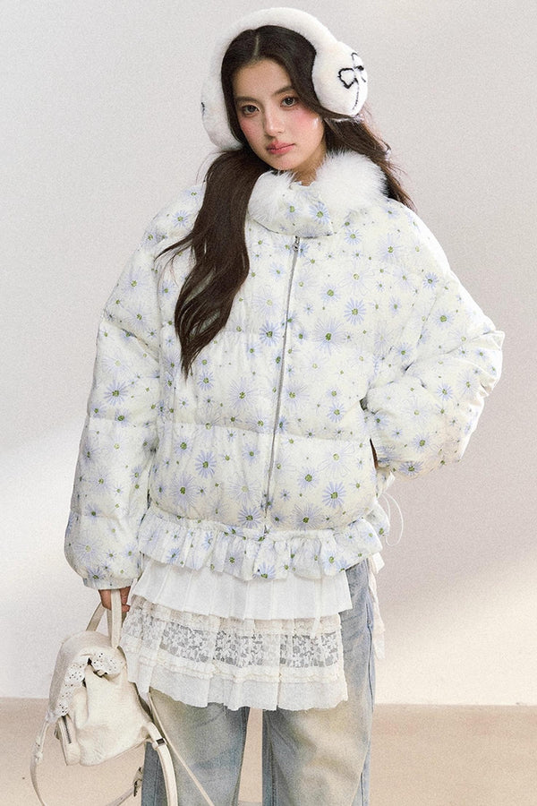 Fur Collar Daisy Print Jacket