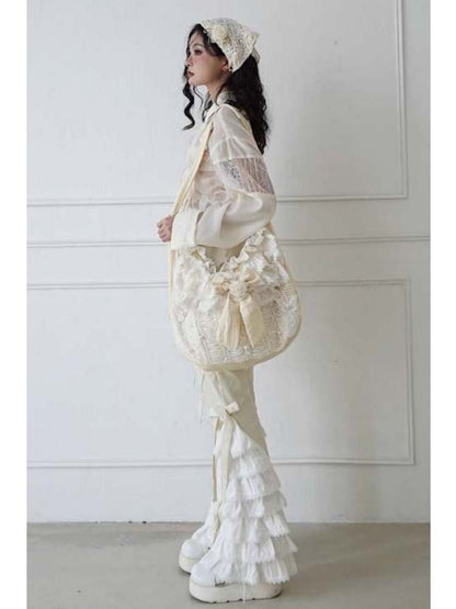 Bead & Butterfly Bowknot Canvas Ruffle Trim Crossbody Bag