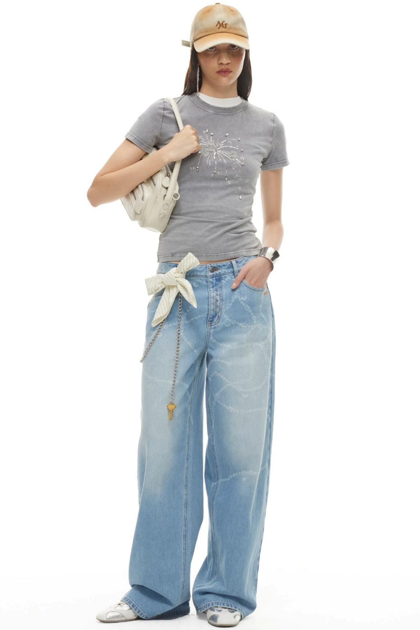 Wide-Leg Diamond Chain Jeans