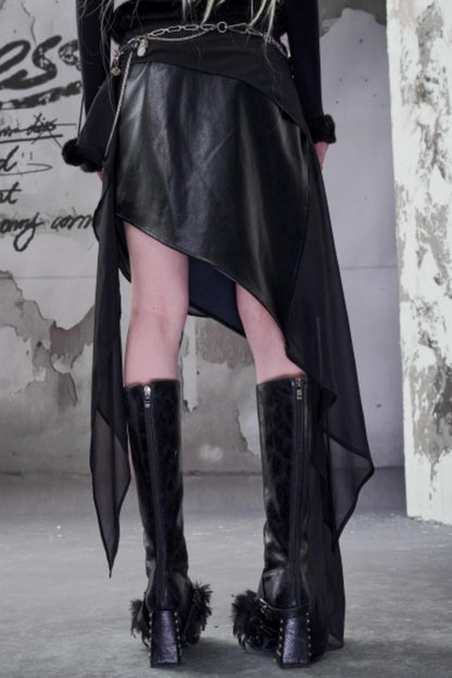 Chiffon Panel Ruffled Irregular Leather Skirt