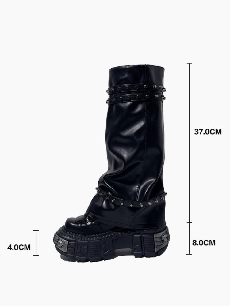 Y2K Retro Punk Style Eyelet Triple Belt Volume Sole Long Tube Boots