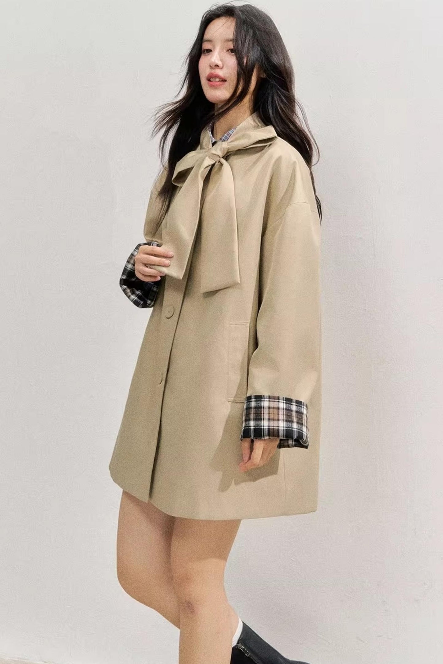Vintage Bow Plaid Trench Coat
